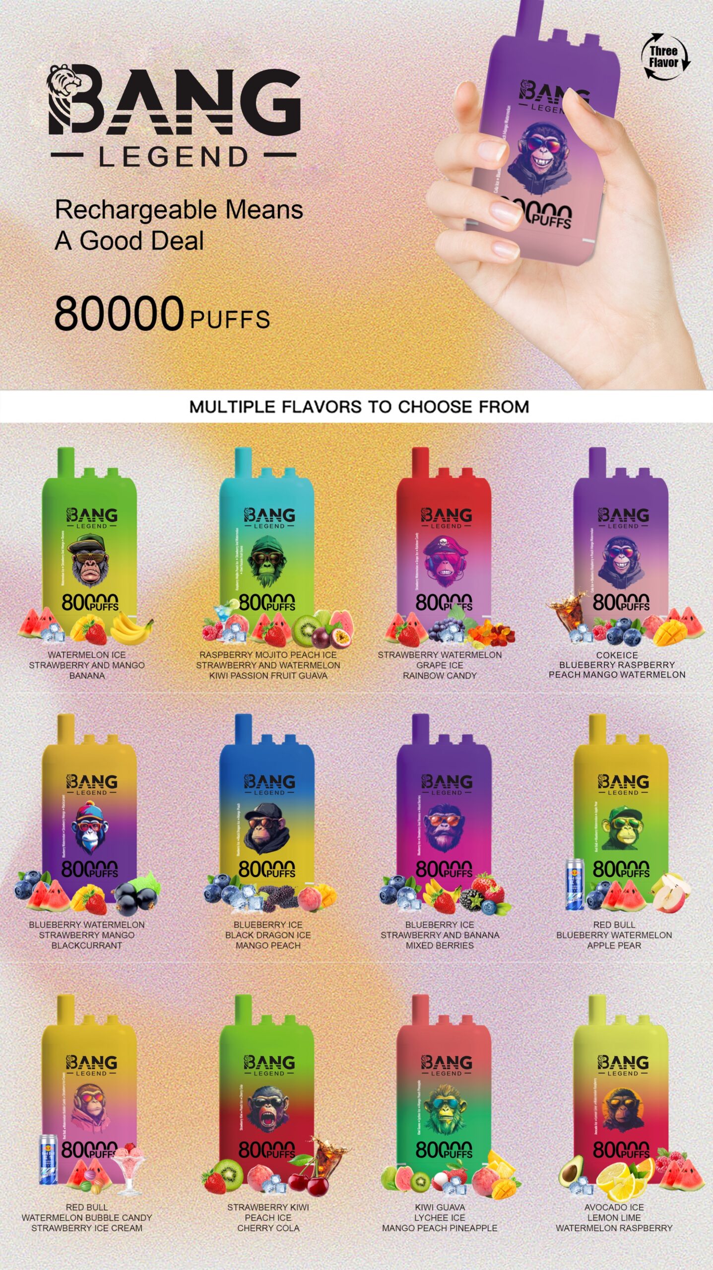 BANG 80000 Puffs Disposable Vape – 550mAh, Type-C Rechargeable, 6 Flavors,  Compact Size