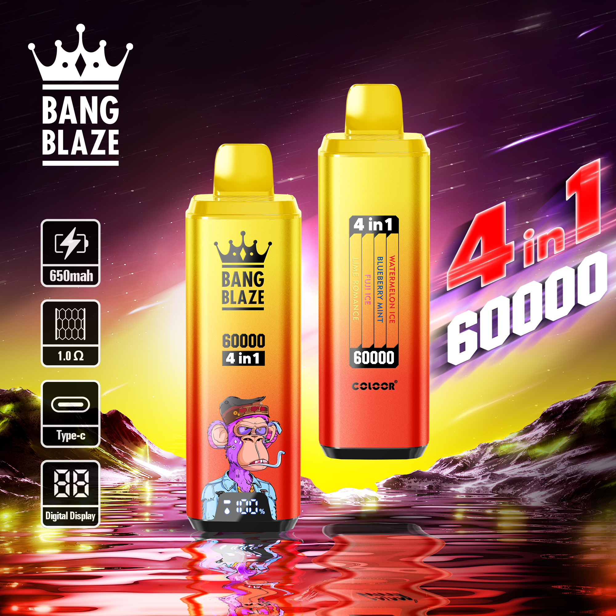 BANG BLAZE 60000 Puffs Disposable Vape – 4-in-1, Type-C Charging,  Multi-Flavor