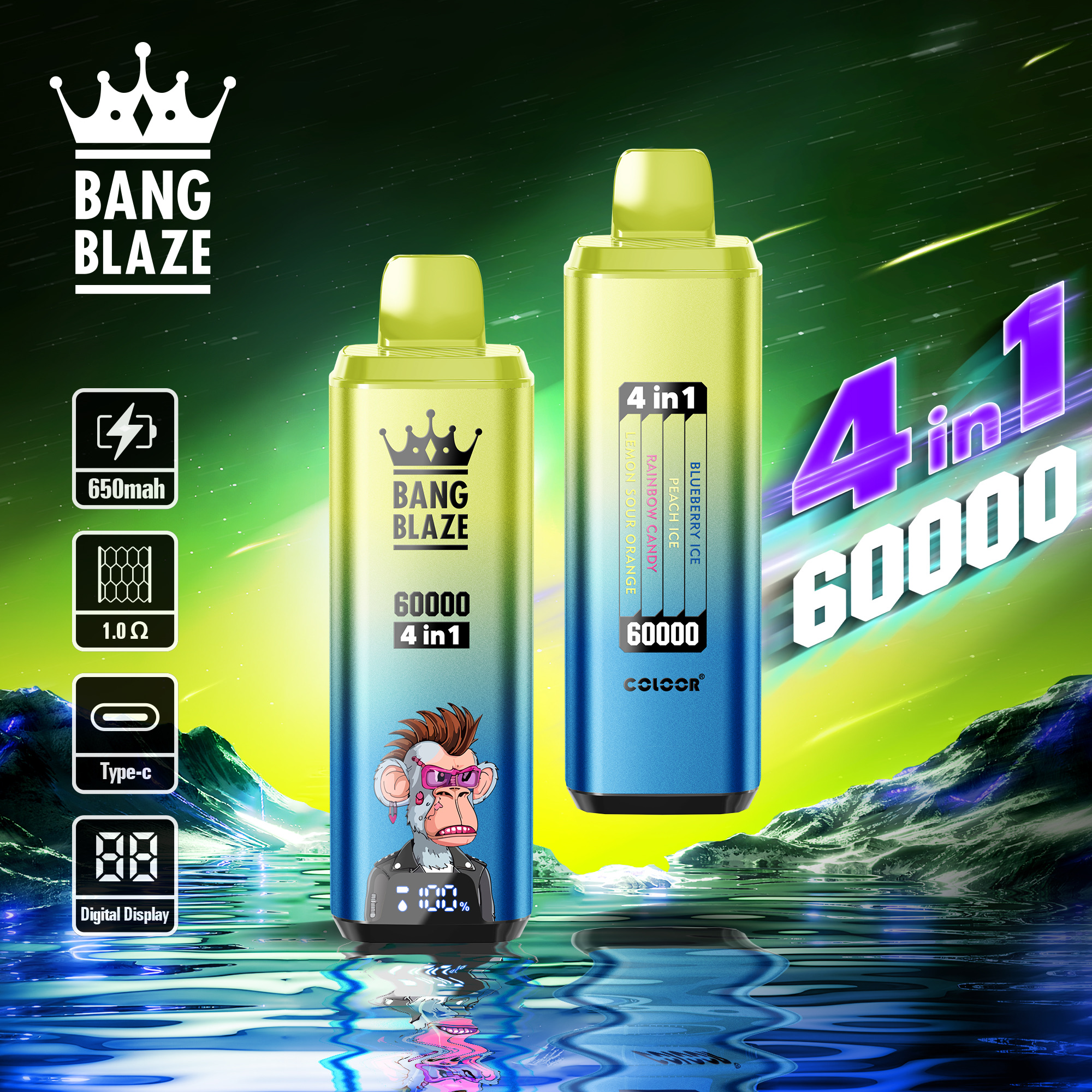 BANG BLAZE 60000 Puffs Disposable Vape  4-in-1, Type-C Charging,  Multi-Flavor
