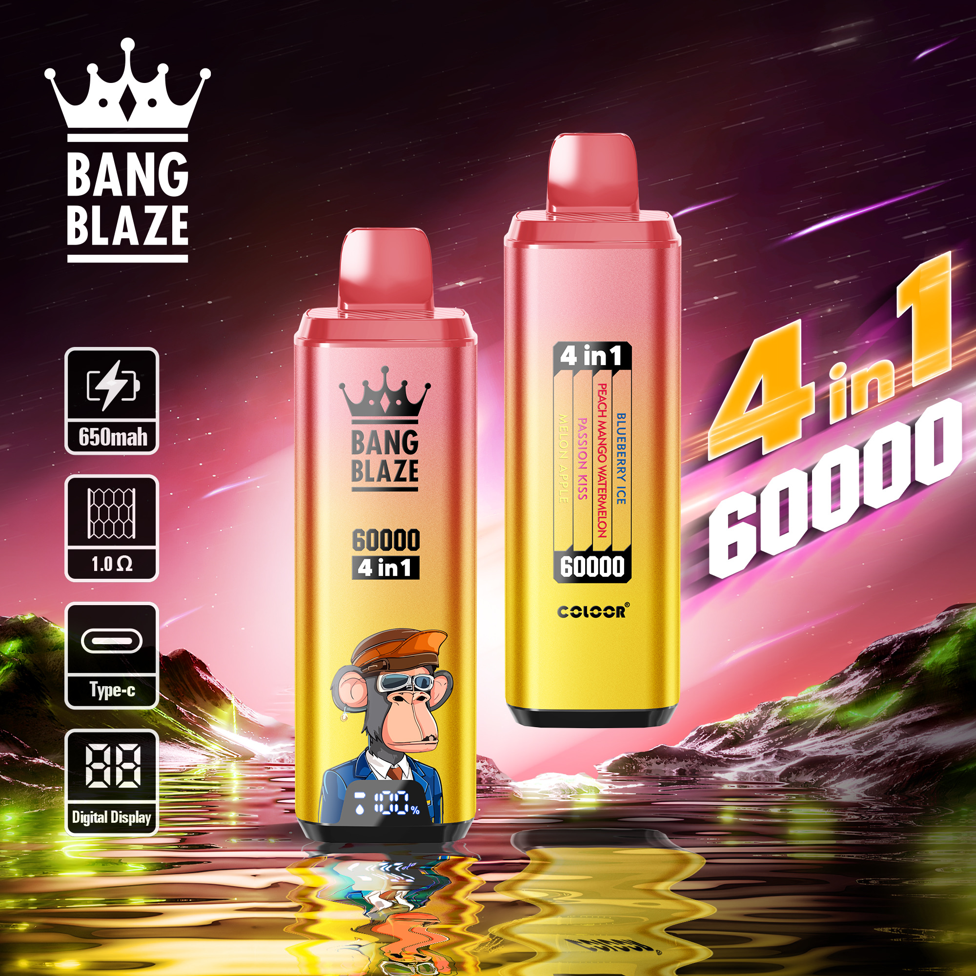 BANG BLAZE 60000 Puffs Disposable Vape  4-in-1, Type-C Charging,  Multi-Flavor