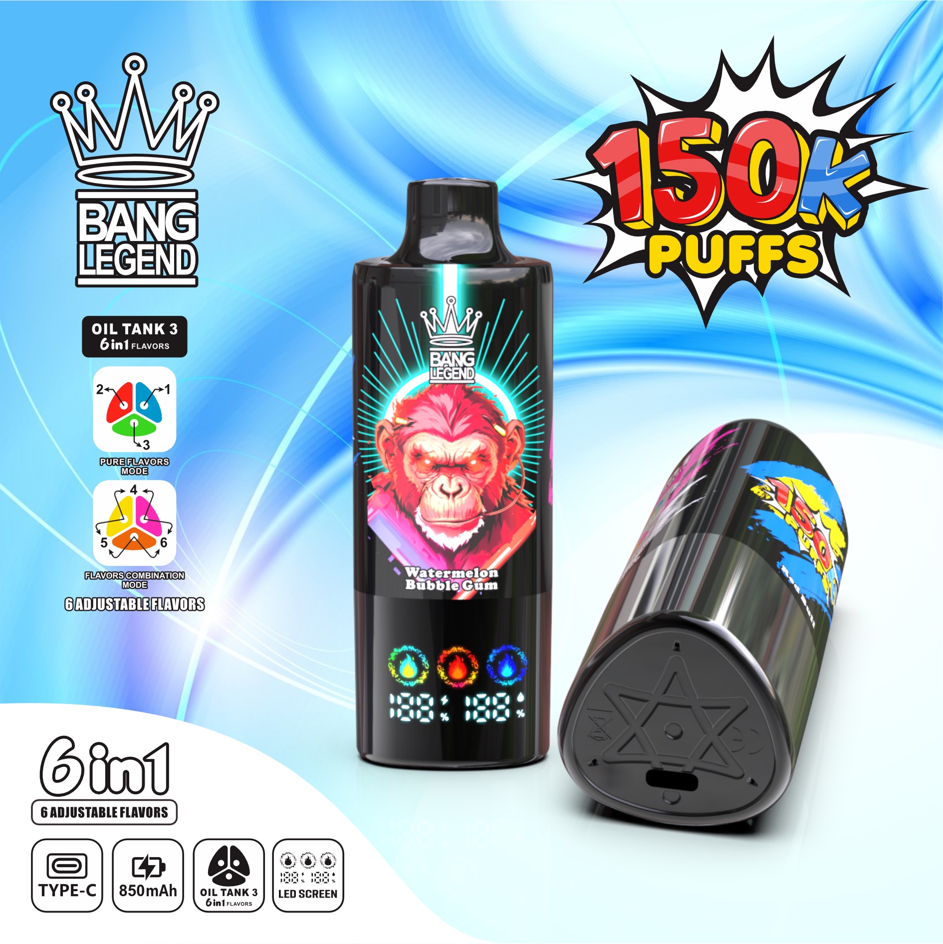 BANG LEGEND 150000 Puffs Disposable Vape – 6-in-1 Flavor, Mesh Coil, Type-C Rechargeable1