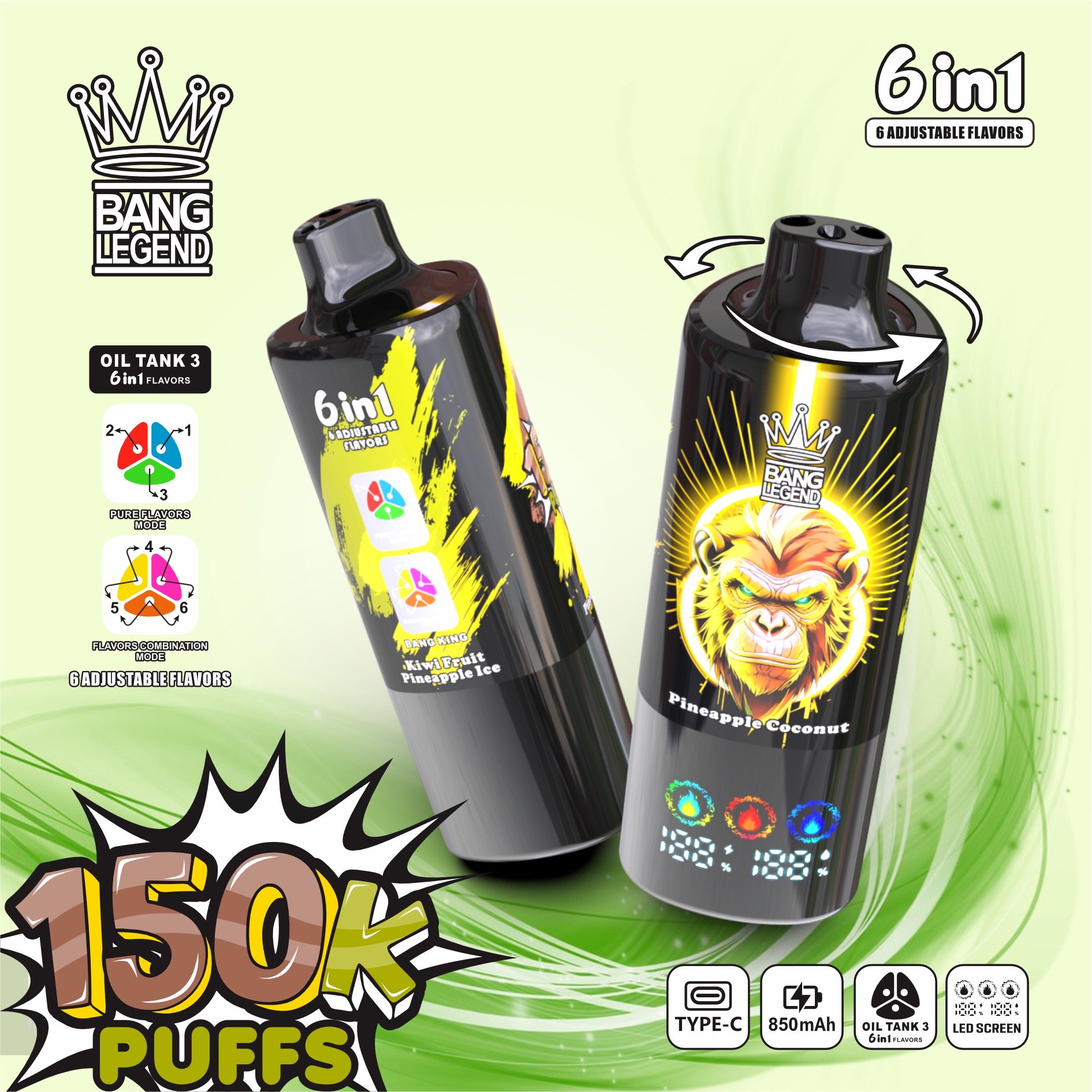 BANG LEGEND 150000 Puffs Disposable Vape – 6-in-1 Flavor, Mesh Coil, Type-C Rechargeable1