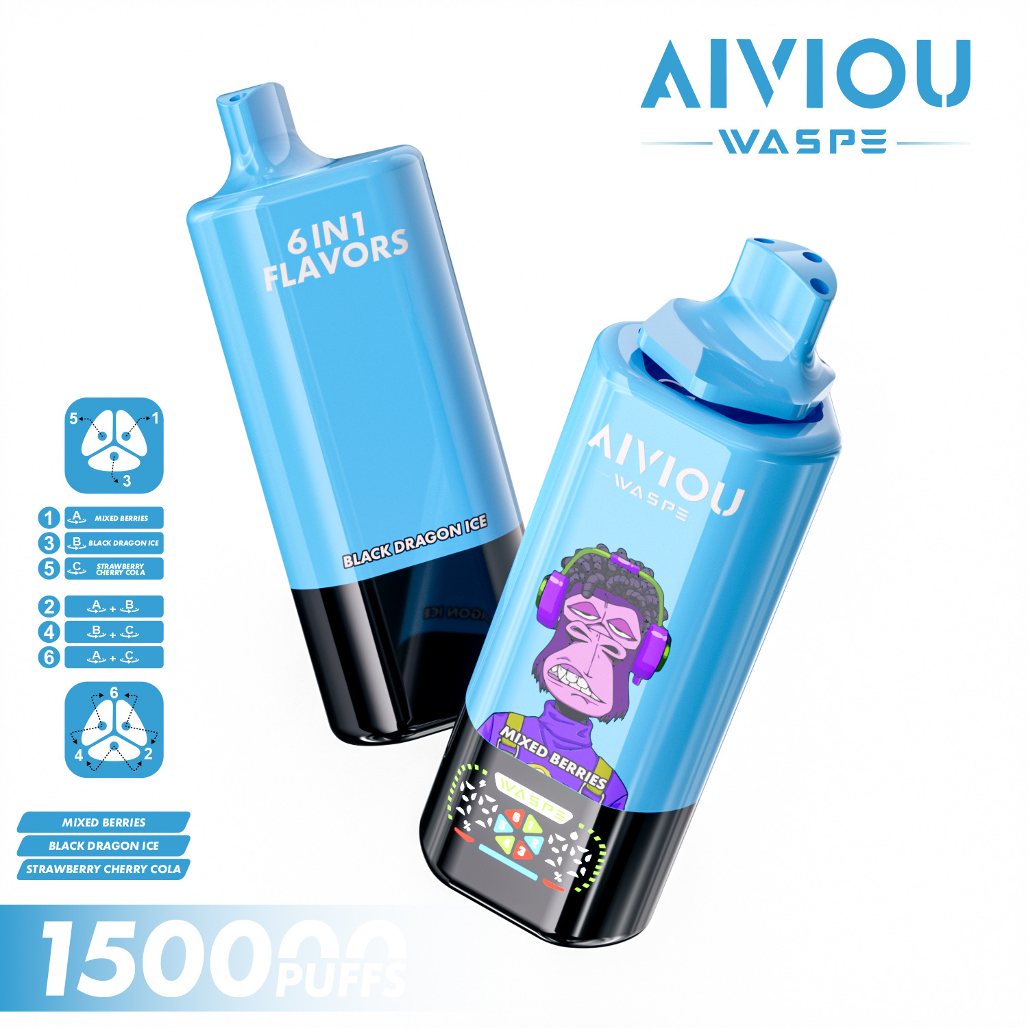 WASPE Aiviou 6-in-1 150000 Puffs Disposable Vape – Triple Mesh, LED Display